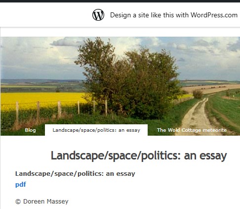 landscape/space/politics/ an essay by doreen massey showing a field and hedge