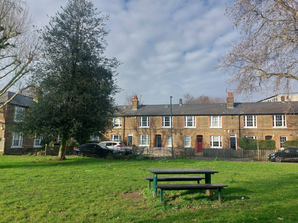 houses and a tree with a green and a bench