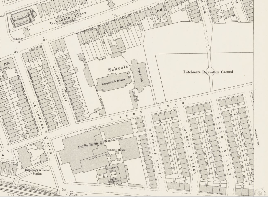 1919 map of burns road and latchmere recreation ground