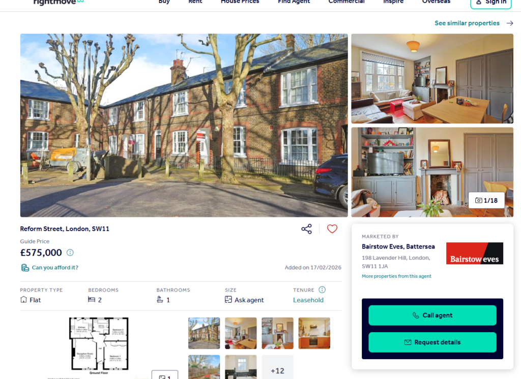 rightmove pages showing a house on reform st £575,000